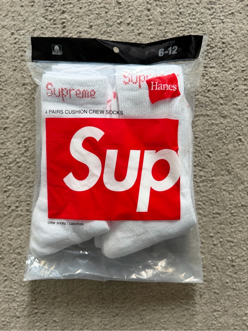 Hanes White Crew Socks with Red Supreme Logo - Pack of 4
